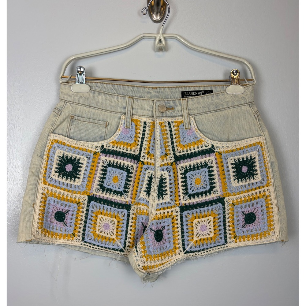 BLANK NYC The Barrow High Rise Crochet Granny Square Patchwork Denim Shorts 29